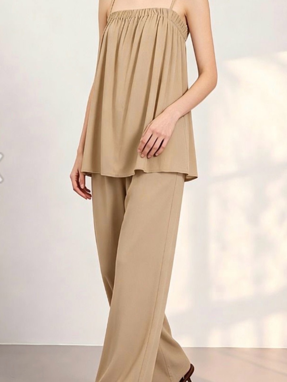 Commense Tan Wide-Leg Pants with Spaghetti-Strap Top - Picture 2 of 2